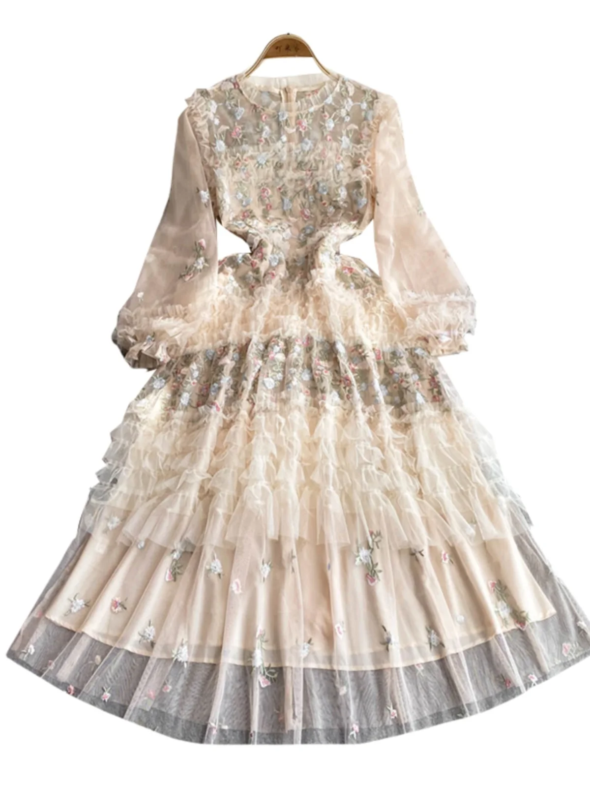 Ele Long Lace Dr with Embroidery And Bubble Sves Cake Sle Women's High Waist A-Line Skirt Autumn Season Faion