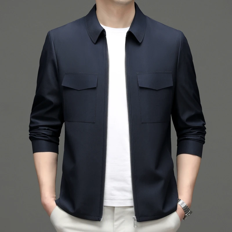 2024 Spring New Jacket Men's Lapel Jacket Work Pocket Short Middle-aged and Young Casual Top Men's Fashion Trend