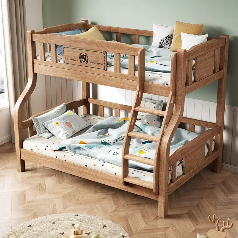 Multifunctional Solid Rubber Wood Bunk Bed Mother and Child High Low Bed with Hanging Ladder Two Layer Wooden Children's Bed