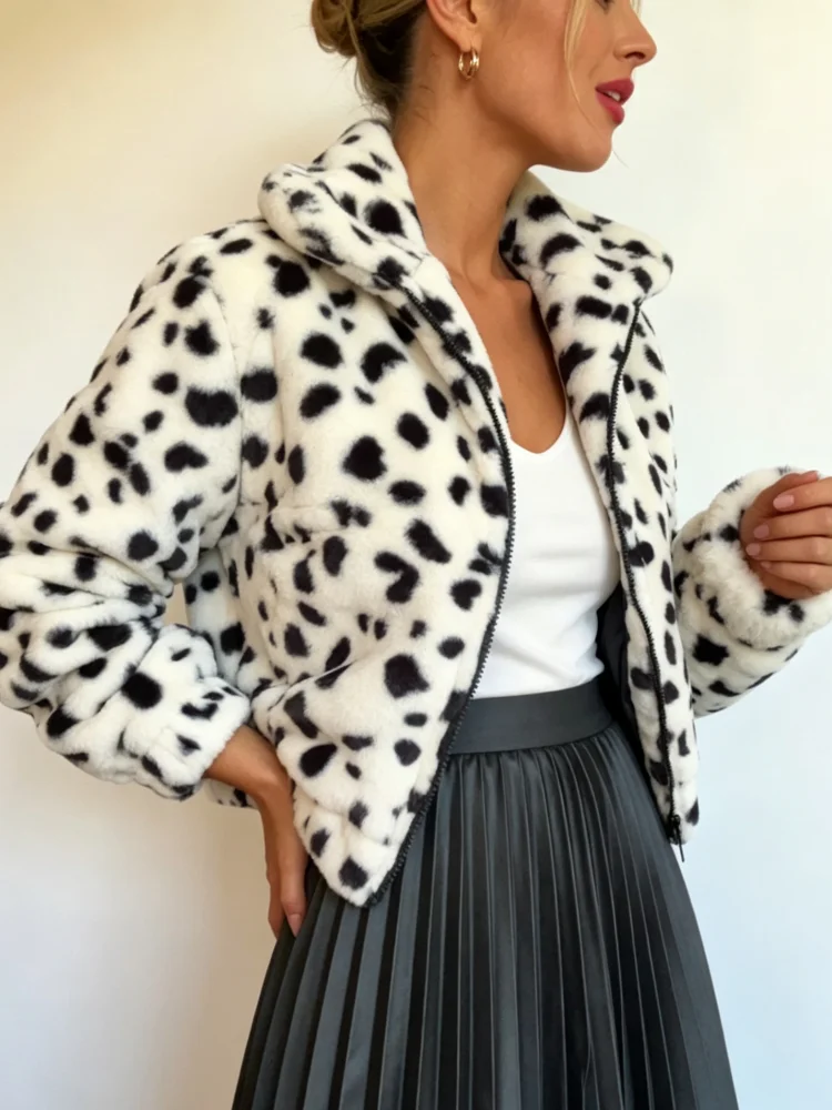 Damen Kurze Kunstpelzjacke mit Dalmatiner-Muster, Reißverschluss, Stehkragen, Flauschige Kurze Jacke, Lässige Winter-Oberbekleidung für Ausgehzwecke – Detail 2