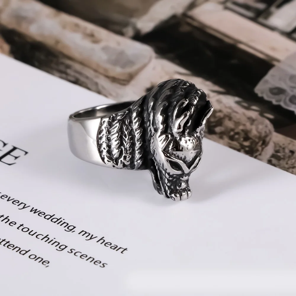 1PCS Non-Fading Stainless Steel European and American Vintage Domineering Dragon Head Ring Cast Rock Style Men's Finger Ring Jewelry