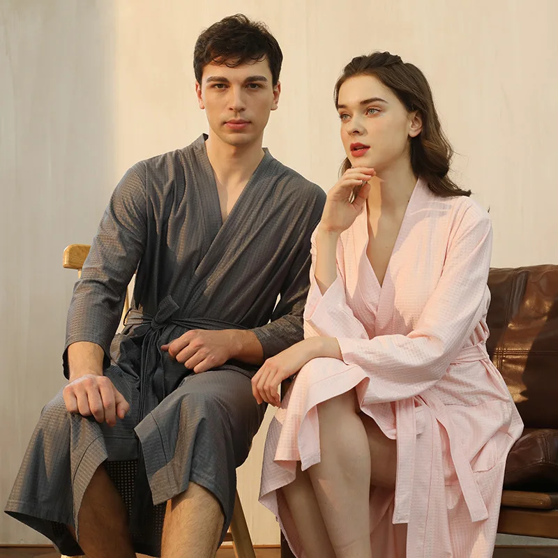 Couple Kimono Bathrobe Gown Casual Female Robe Spring Autumn Home Wear Nightgown Sleepwear Plus Size 3Xl Waffle Loose Loungewear