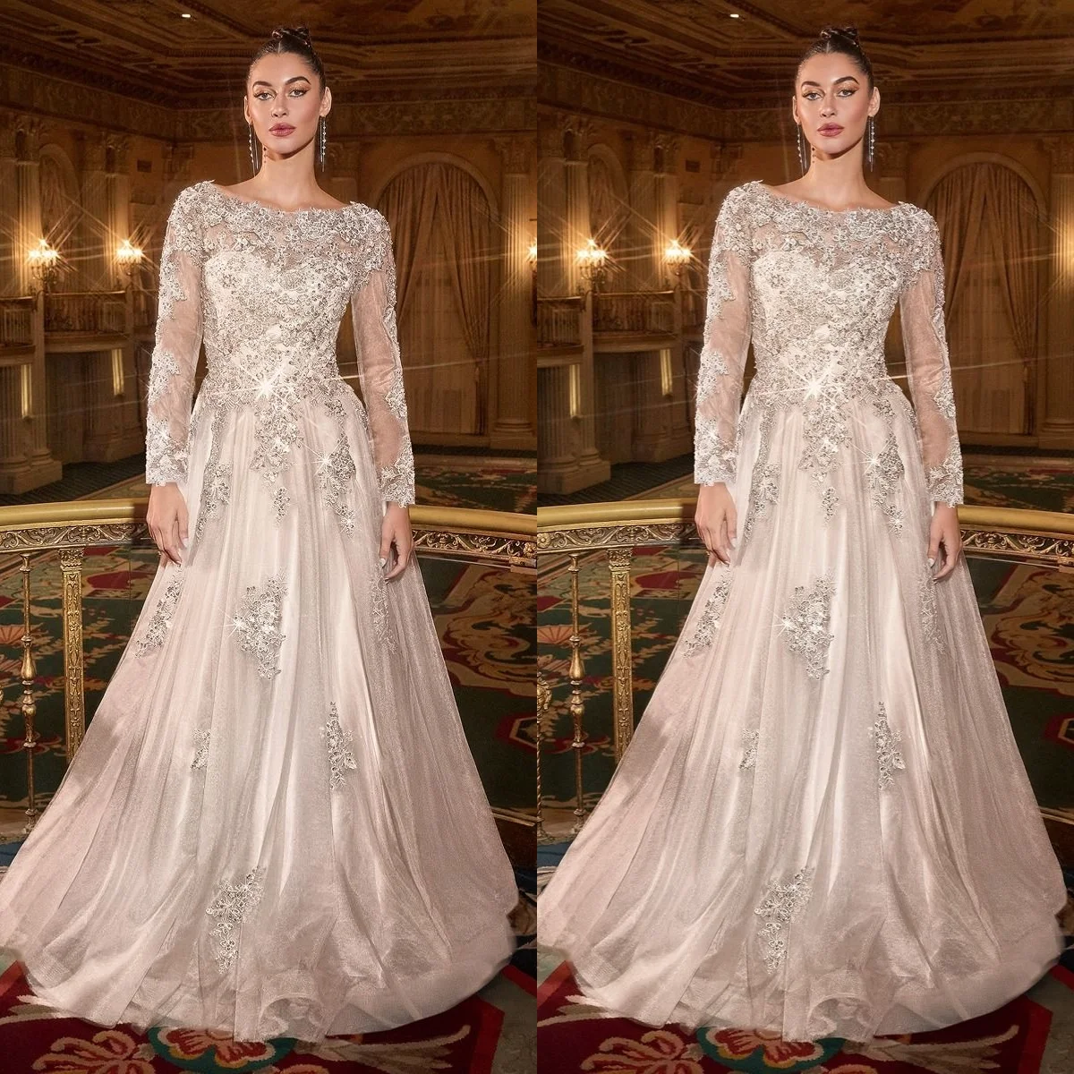 

Long Sleeve Tulle Prom Dresses For Special Occasions Lace Appliqued Beading Evening Dress Women Floor Wedding Party Dresses