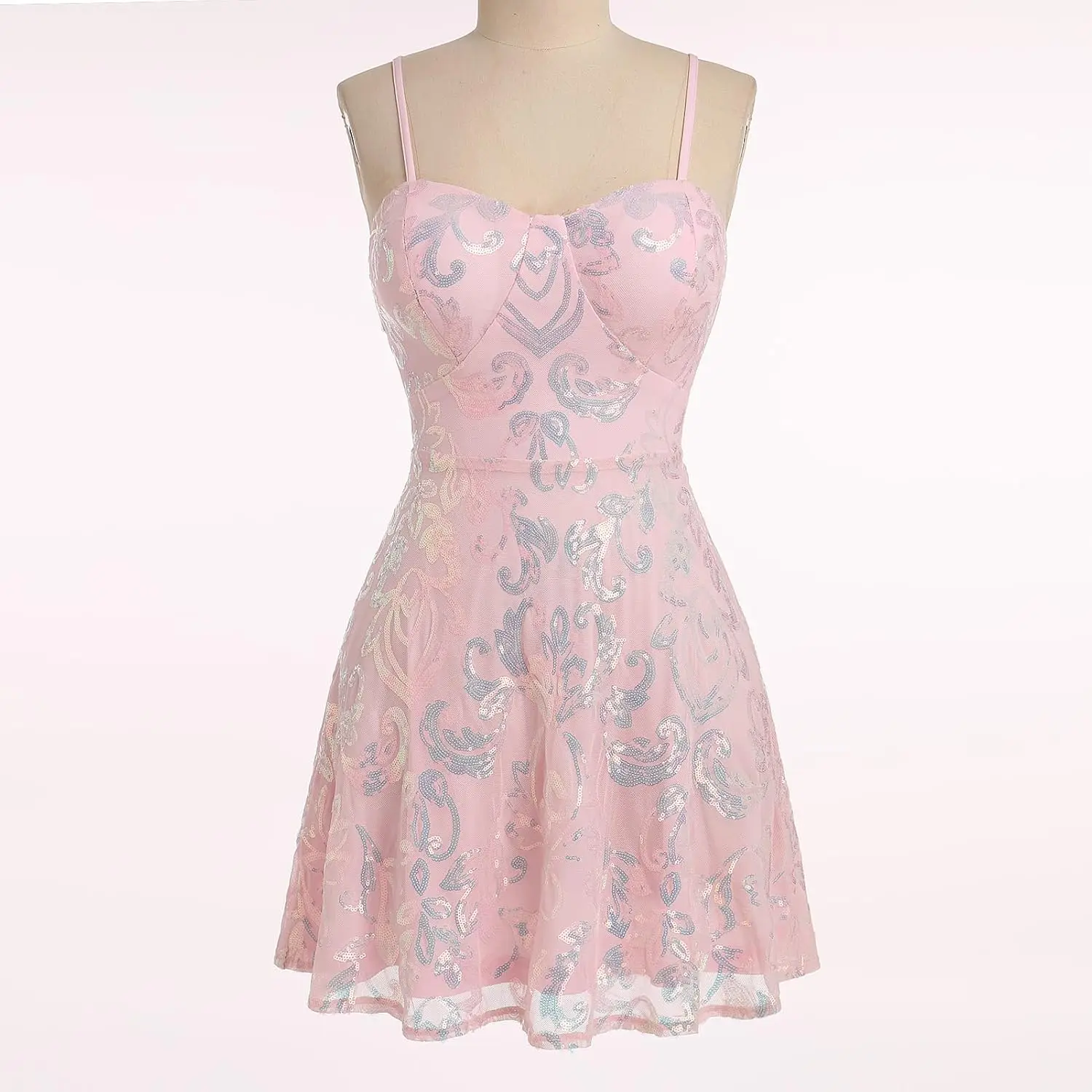 Mini abito da donna con paillettes scintillanti e cinturino per spaghetti, linea ad A, altalena, discoteca, ballo, abito da laurea al ginocchio