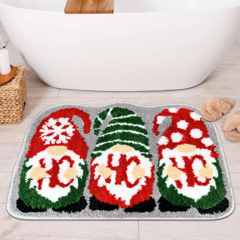 VIKAMA Irregular Gnome Floor Mat Snowflake Print Non Slip Absorbent Rug For Shower Room Entryway Indoor Xmas Holiday Home Decor