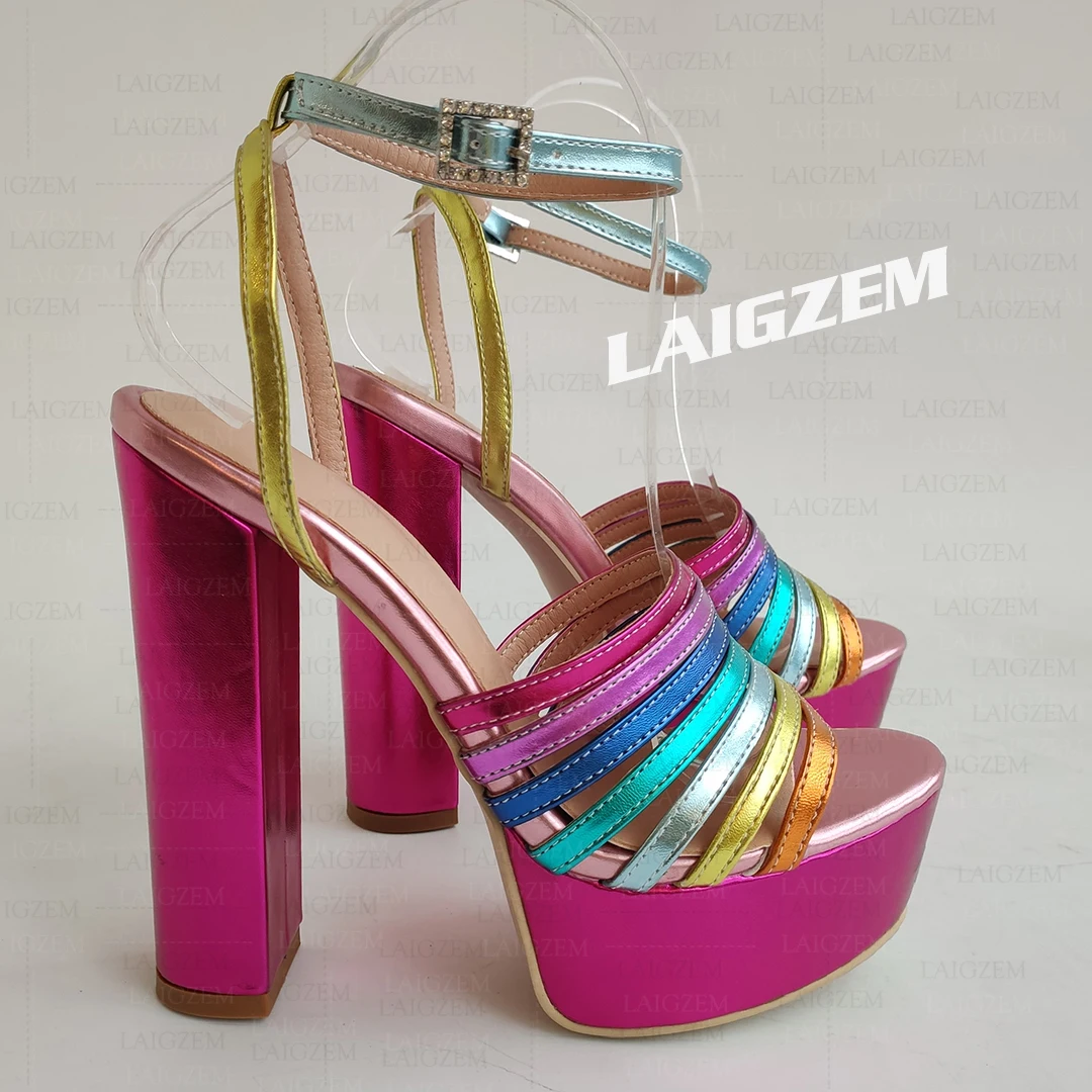 LAIGZEM Women Sandals Strappy Rainbow Colors Patchwork Platform High Heels Summer Pumps Ladies Shoes Woman Big Size 43 48 50 52