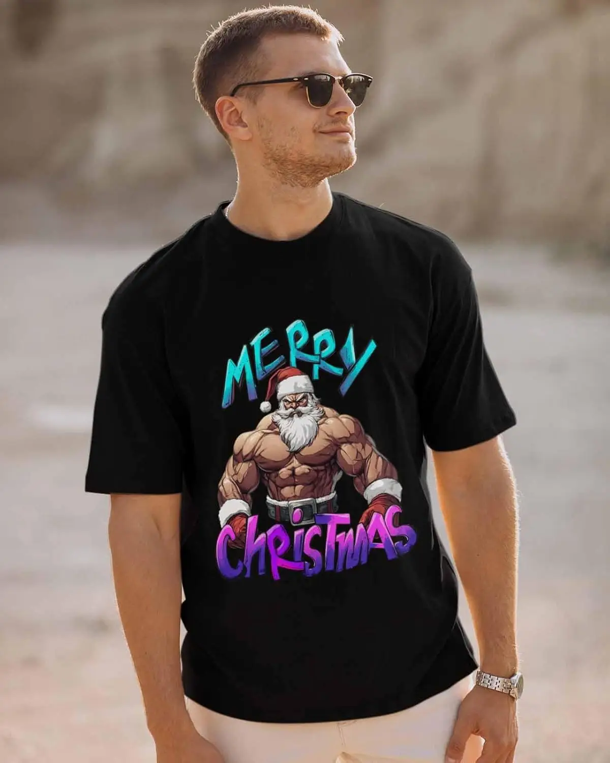 Men's T-Shirt, Novelty Graphic T-Shirt Merry Christmas Muscle Santa Claus Blue Purple Cotton Crew Neck Men's Short