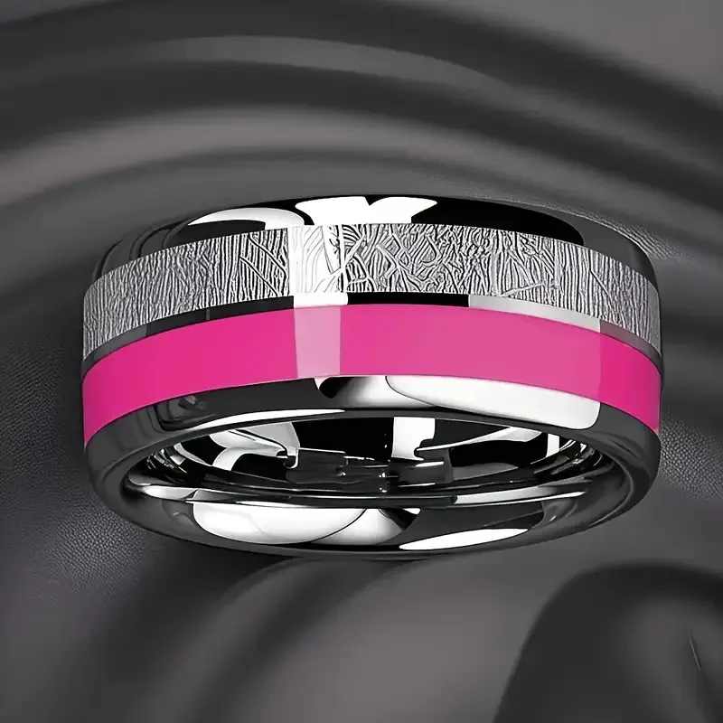 Wholesale 8MM Personality Men's Rings Silver Meteorite Inlay Stainless Steel Ring for Women Rose Red Store Wedding Band Jewelry
