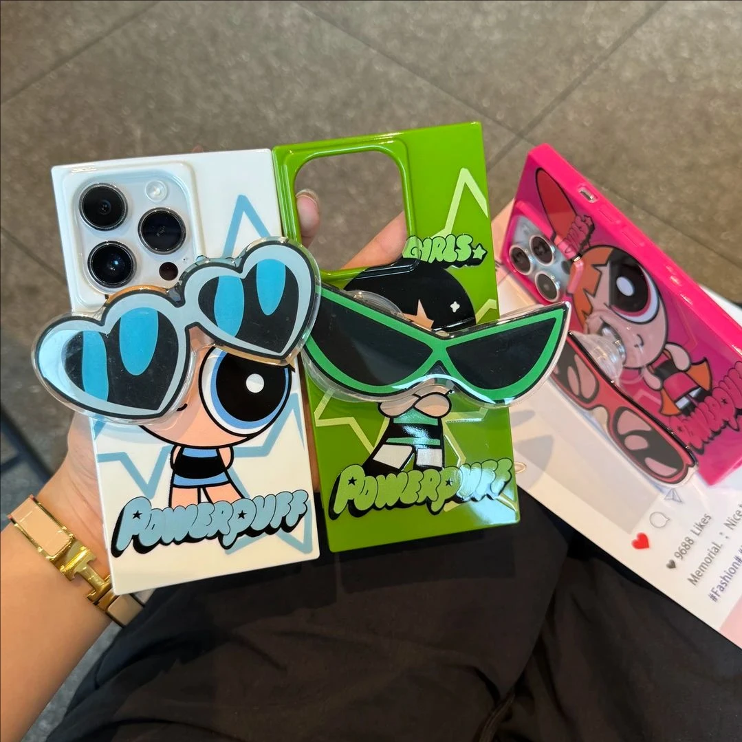 The P-Powerpuff Girls Square Macropore Glasses Bracket Phone Case for iPhone 16 15 14 13 12 11 Pro Max Shockproof Silicone Cover