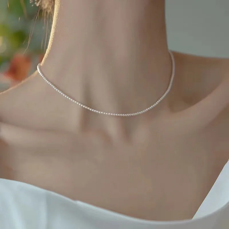 Collar de perlas de cristal redondas finas para mujer, cadena de clavícula fina de alta calidad, Cuentas pequeñas, joyería de uso diario, novedad de 2024