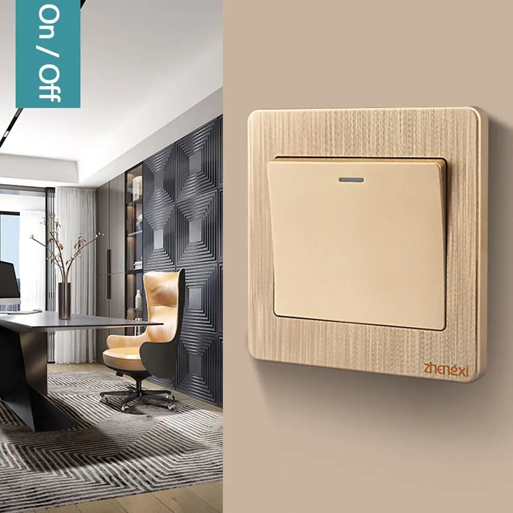 New Gold Wall Switches 1Way Button with LED Lamp Wall Light Switch Panel Durable Home Accessories On / Off Push Buttons
