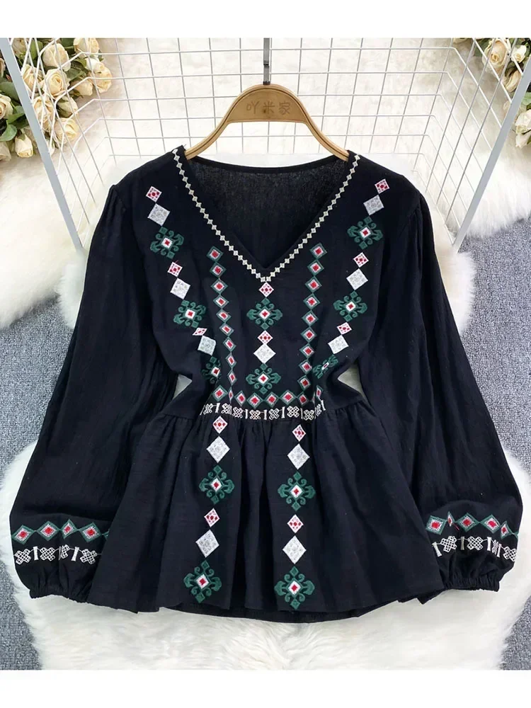 Women Spring Autumn Blouse Vintage Ethnic Style Embroidery V-neck Pullover Loose Waistband Cotton Linen Shirt Casual Top D4924