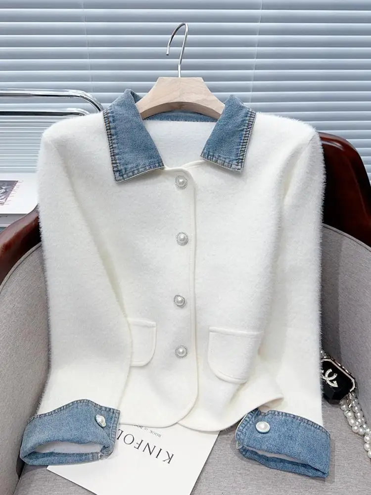

French Women Black White Patchwork Denim Imitation Mink Coat Vintage Single Breasted Long Sleeved Jacket Tops Autumn Winter 2025