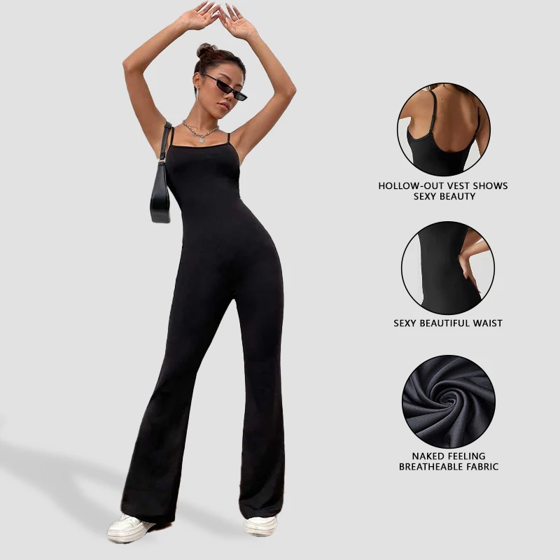 Sleeveless Bodycon Flare Jumpsuit Spaghetti Strap High Waist Bootcut Jumpsuit for Women Breathable Yoga Workout Casual Outfits