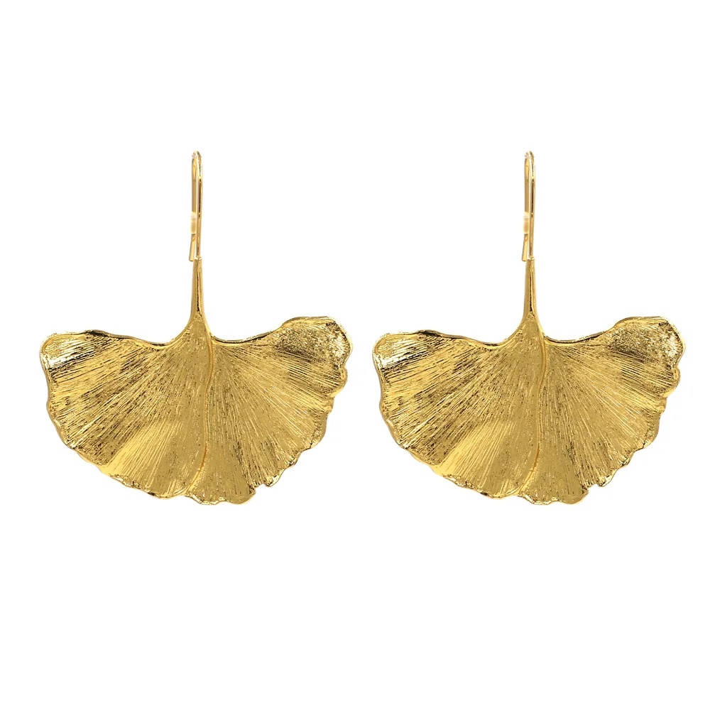 Fashion African Jewelry Gold Plated Hammered Alloy Metal Big Oversized Biloba Ginkgo Leaf Shaped Dangle Drop Earrings for Women