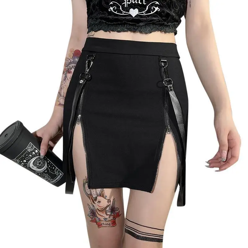 

2024 Special Punk Dark Double Zip Bag Hip Slit Goth Skirt Women for Party Club Street Dress Black Dress