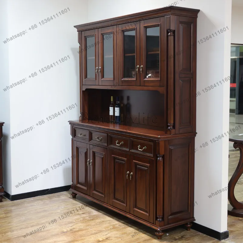 American furniture dining side cabinet full solid wood storage upper and lower double high cabinet