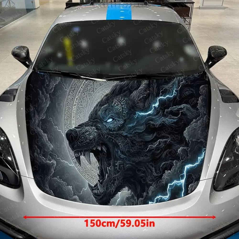 Furious Dark Wolf with Lightning Car Vinyl Wrap, PVC Waterproof Car Hood Sticker, Self-Adhesive Scratch-Resistant Stickers
