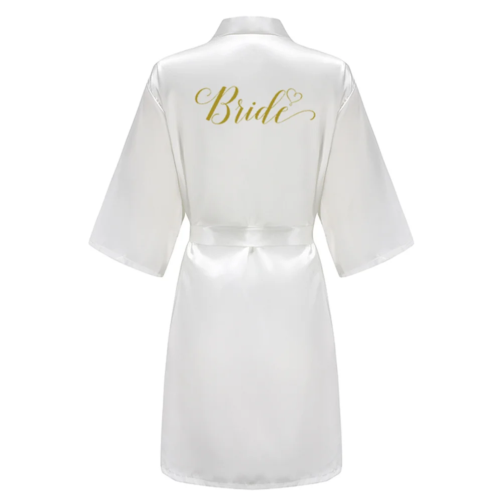 Wedding Party Bridesmaid Maid of Honor Robe With Gold Writing Letter Women Lady Pink Satin Bathrobe Kimono