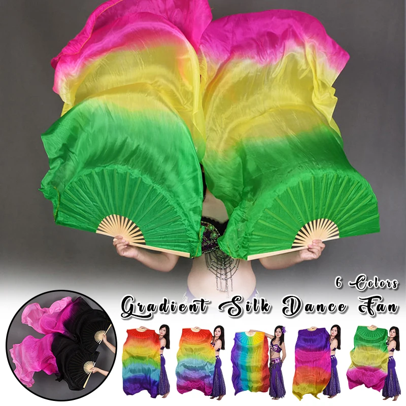 1pc Real Silk Belly Dance Veils Handheld Bamboo Fan Veil Dancer Preformance Show Prop Oriental Belly Dance Colorful Gradient Fan