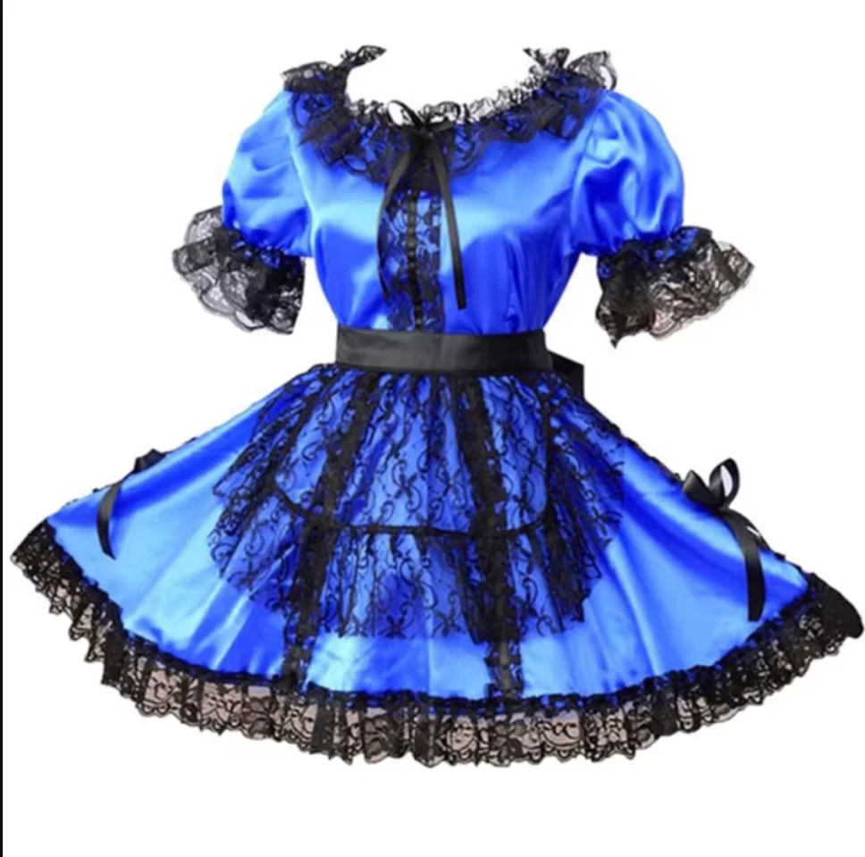 

French Sexy Adult Customized Fetishism Crossdressing Sissy Lace Neckline Independent Apron Bowtie Embedding Dress