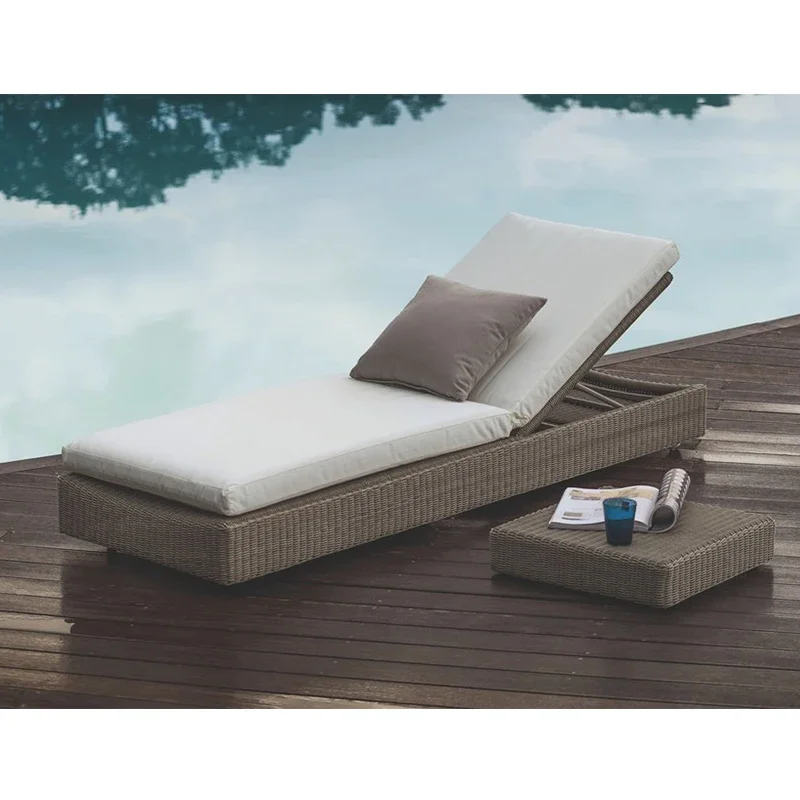 Elegant Durable Wicker Rattan Chaise Lounge Chair with Adjustable Reclining Cushion for Outdoor Patio Garden Pool or Hotel Use