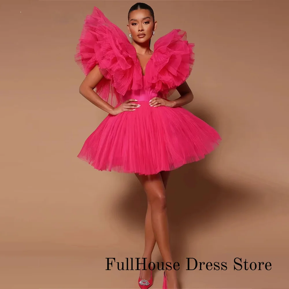 Simple V Neckline Fluffy Tulle Gowns Knee Length Mini Tutu Dress Layers Cocktail Party Dress Chic Pink Short Prom Gown Customiz