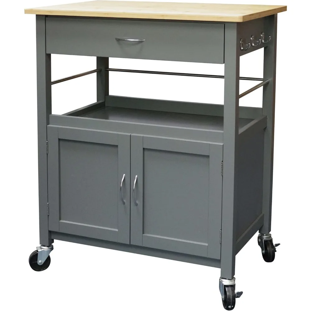 Kitchen Island Cart on Wheels with Drawer, Storage Cabinet, Shelf and Natural Bamboo Top Butcher Block, Gray Base