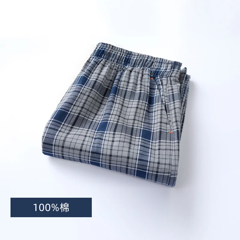 Spring Autumn High Quality Pants Men 100% Cotton Sleep Bottoms Male Plus Size Night Trousers Men Casual Loose Plaid Home Pants