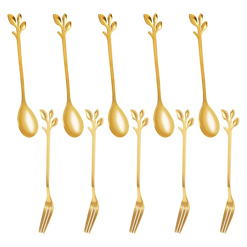 5Spoon+5Forks Stainless Steel Leaf Coffee Cake Spoon Fork Dessert Spoons, Stirring Teaspoon Set Golden