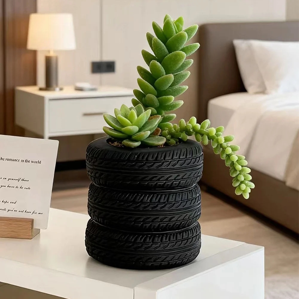Home Decor Office Desk Decor Tire Flower Pot Flower Pot Black Tire-shaped Design Lightweight Construction Organic Resin