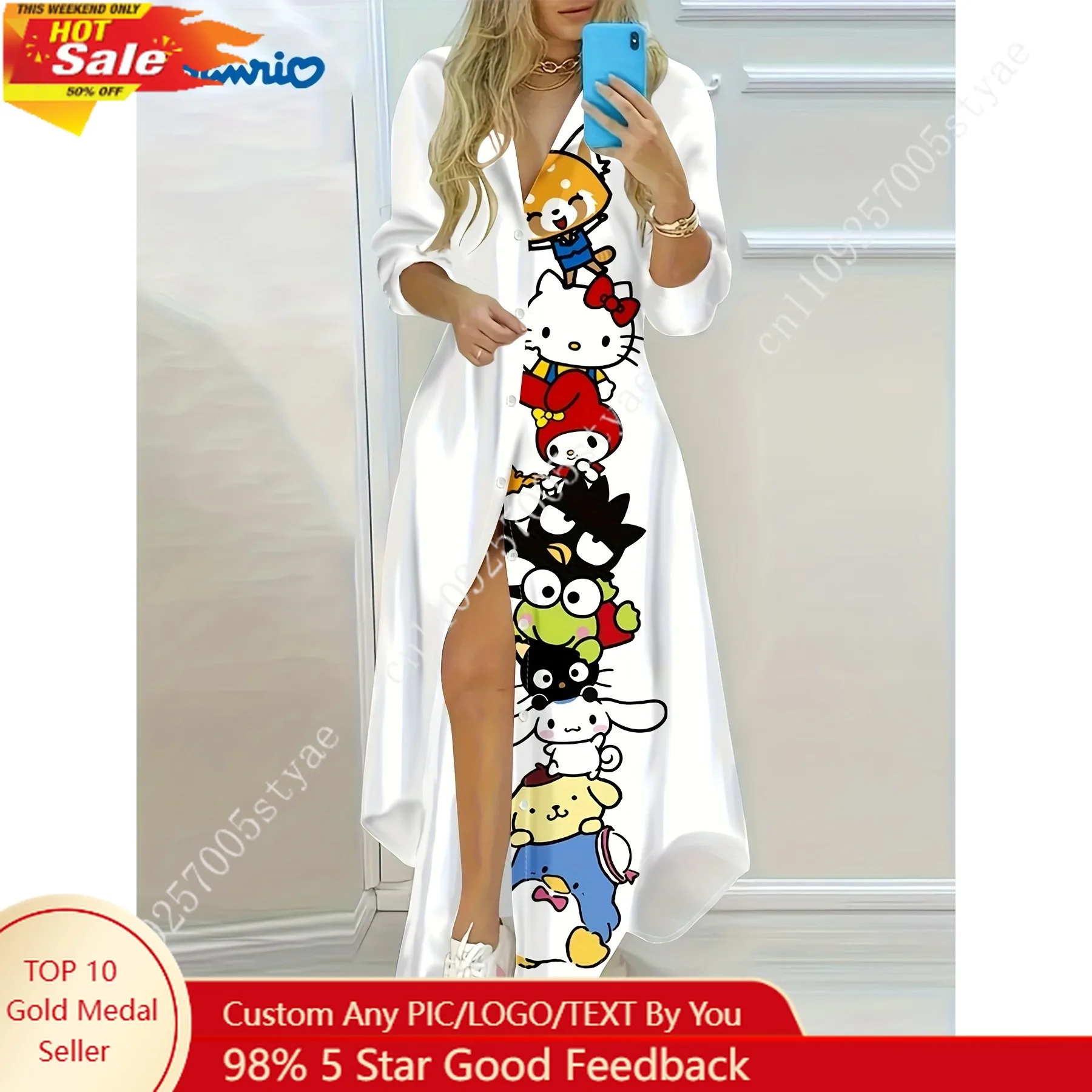 Sanrio Character Hello Kitty My Melody Stack Vertical Print Lapel Long-sleeved Women's Dress