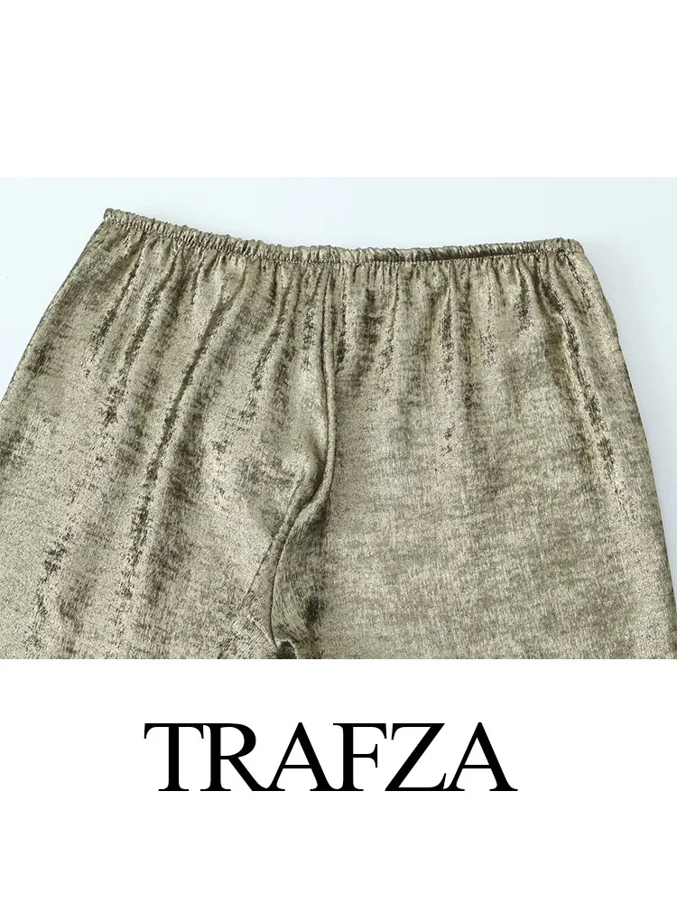 Imagem -05 - Trafza-calças Femininas Chiques Metálicas Soltas com Elástico na Cintura Moda Feminina Casual com Cordão Dobras Calças de Perna Larga Streetwear Vintage