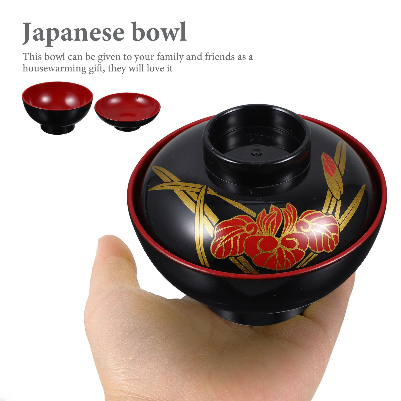 

Kitchen Japanese Lidded Soup Bowl Red Rose Pattern Traditional Rice Bowl for Japanese Restaurant Household Food Container