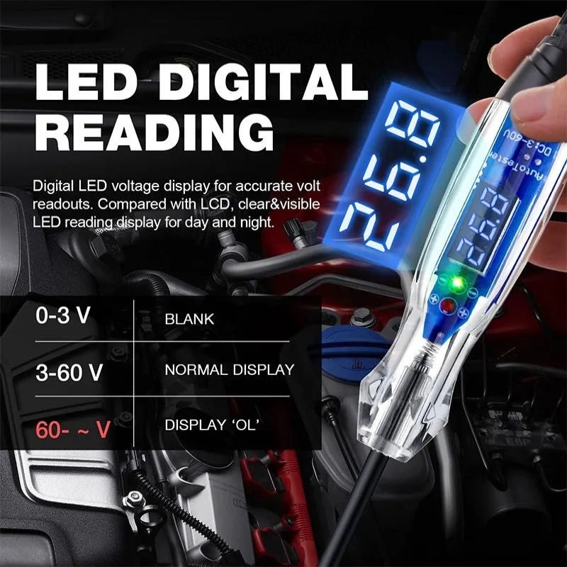 Automotive Test Light 3-60V DC Digital LED Circuit Tester Heavy Duty Light Tester with Voltmeter