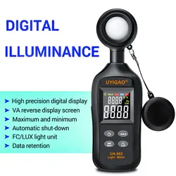 UYIGAO 40 Digital Light Meter 0~200K Lux Photometer Luxmeter Professional illuminometer Photo Detector Color LCD Display