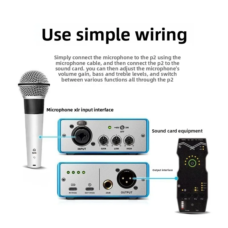 P2 Portable Voice Amplifier Independent Front Moving Coil Condenser Microphone Sound Card Recording Gain Amplifier External