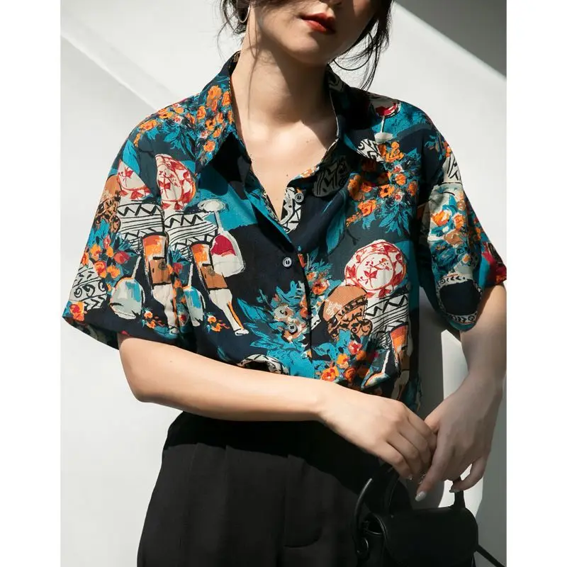 Summer Woman Clothes HongKong Retro Style Printing Loose Fashion Polo-neck Chic Thin Top Casual Trend Popularity Harajuku Button