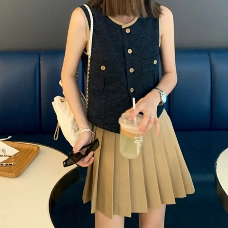 Korea Elegant Two Piece Sleeveless Sets Vintage Office Lady Button Top + A Line Pleated Mini Skirts Suit Retro Summer Outfit New