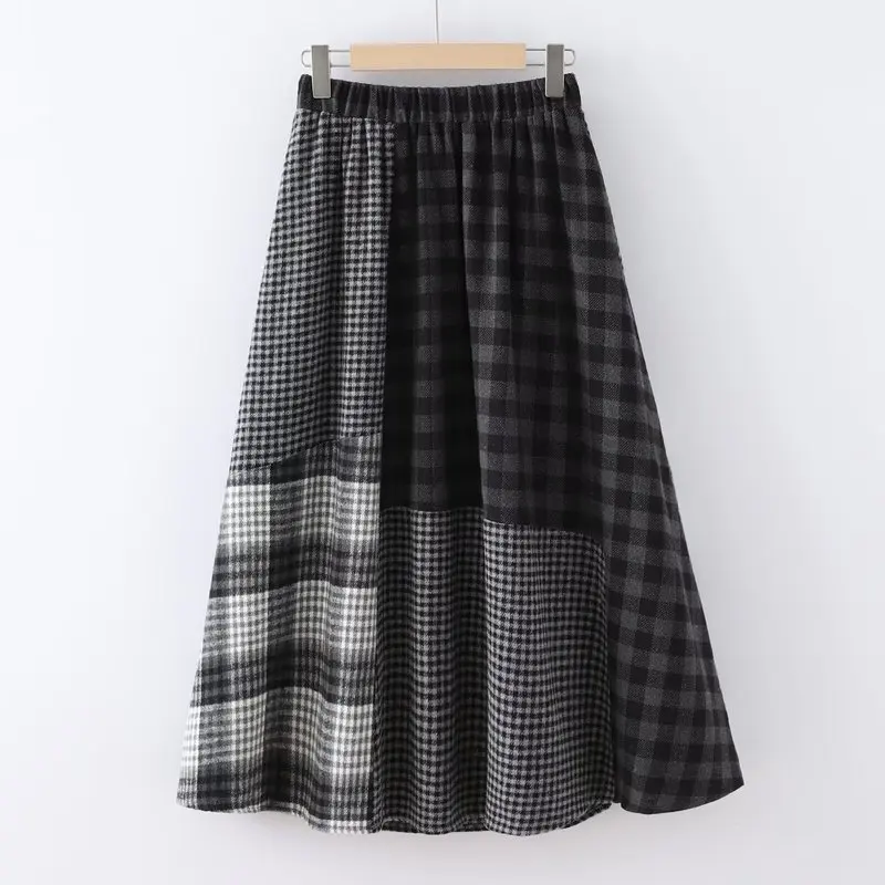 

Японские винтажные клетчатые лоскутные юбки Mori Girl из смеси хлопка, женские осенне-зимние повседневные свободные юбки-миди с эластичной резинкой на талии
