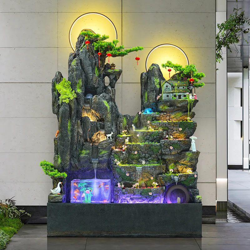 Large floor-to-ceiling rockery fountain, living room outdoor fish tank circulation, company entrance opening lucky ornament