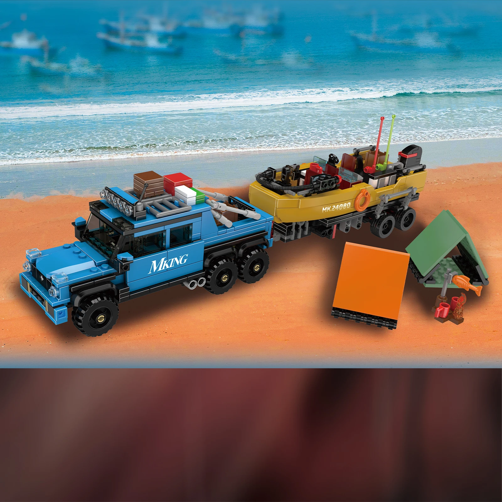 Mould King 24080 872PCS Fishing Boat Trailer Model Kit - Mini Building Blocks DIY Assembly Toy for Kids & Adults