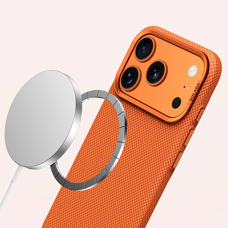 Magnetische Matte Handyhülle aus Legierung mit Einfarbigem Glas für iPhone 17 18 Pro Max 16 Pro, Carbonfaser-Textur, Kabellose Ladung, Rückseitenabdeckung – Detail 7
