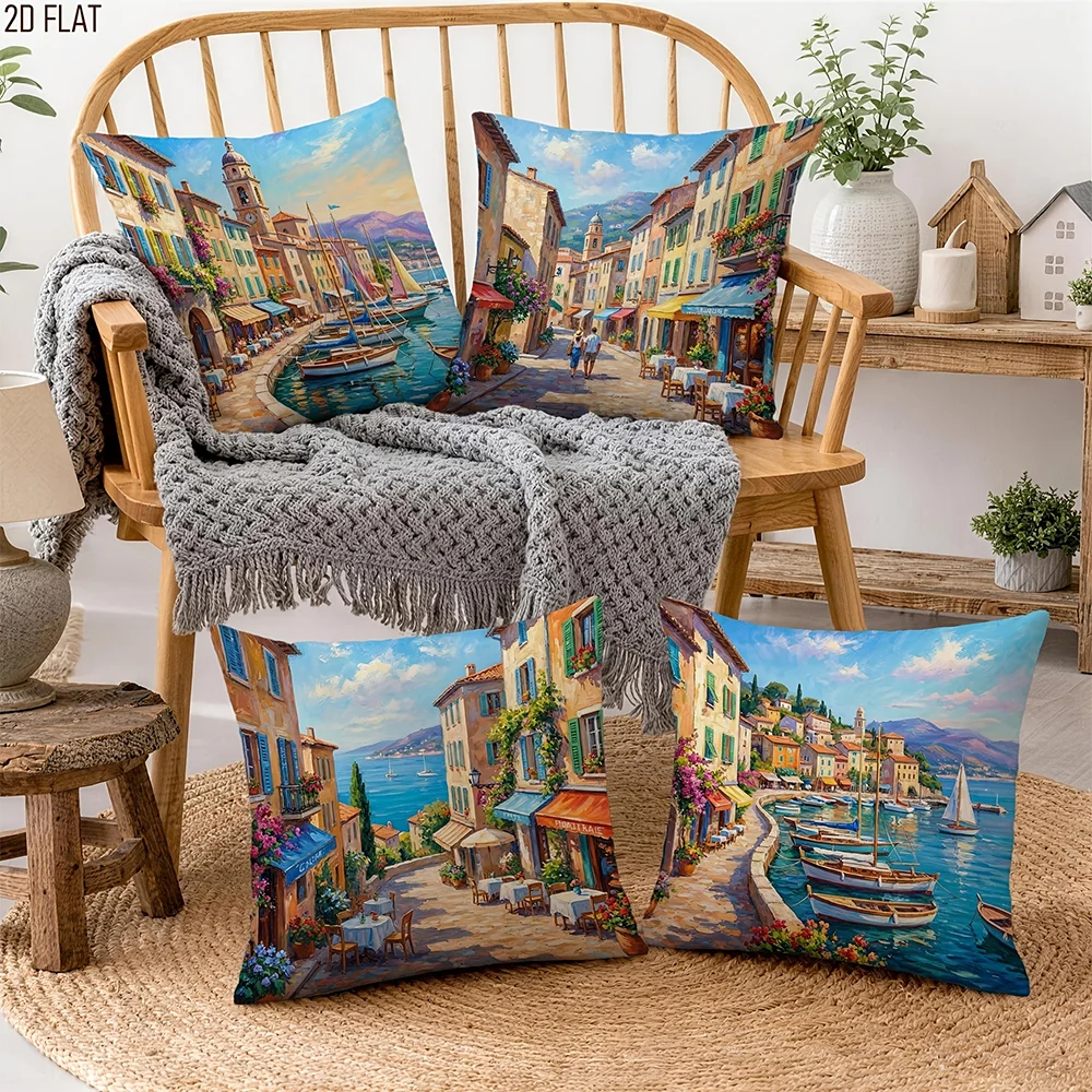 1/4pcs Mediterranean Coastal Town Oil Painting Throw Pillow Covers Home farmhouse outdoor decoration cushion cover