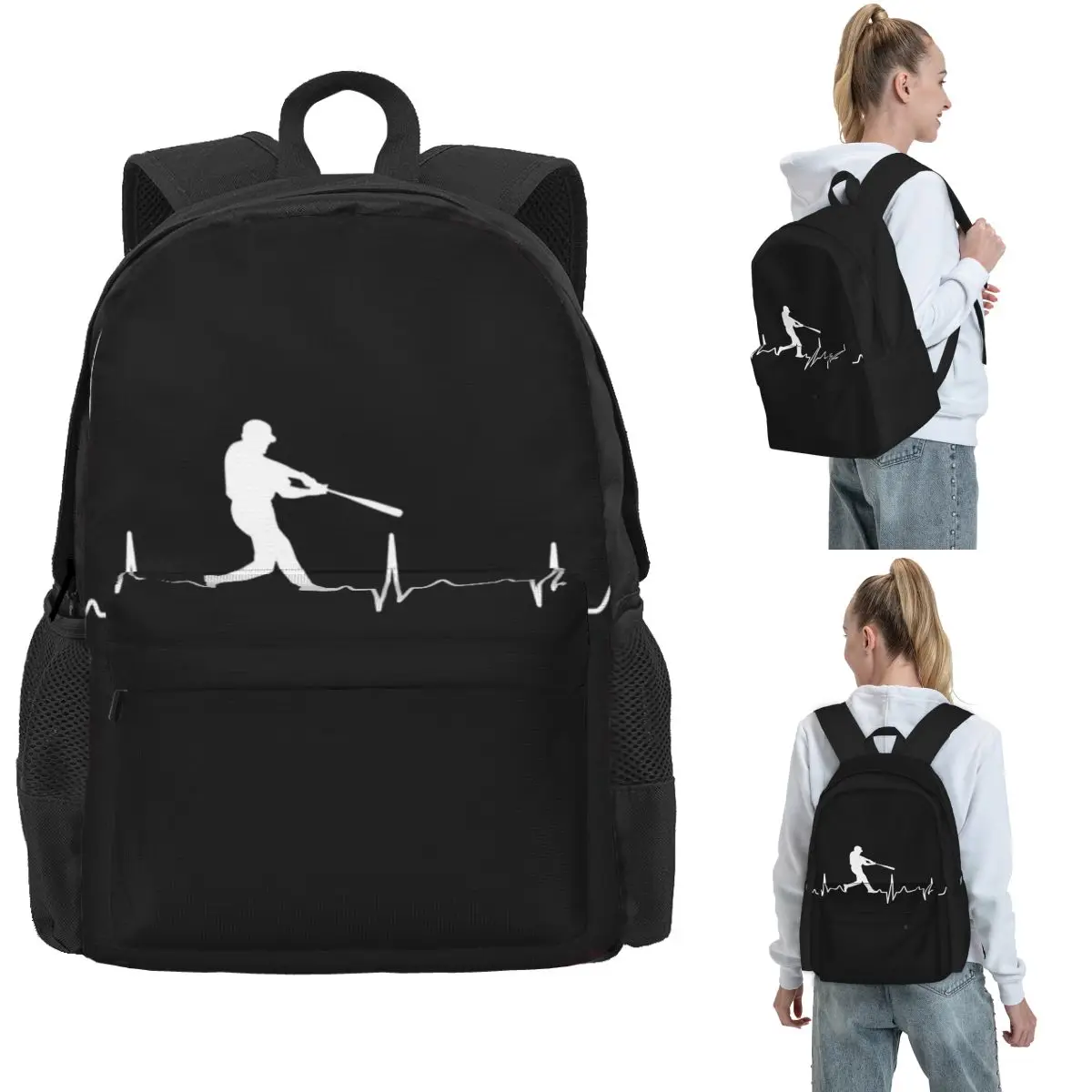 Baseball Player Heartbeat Backpack Hot Sale Daypack Large Capacity Kids BookBag School Bag Shoulder Bags for Men Women