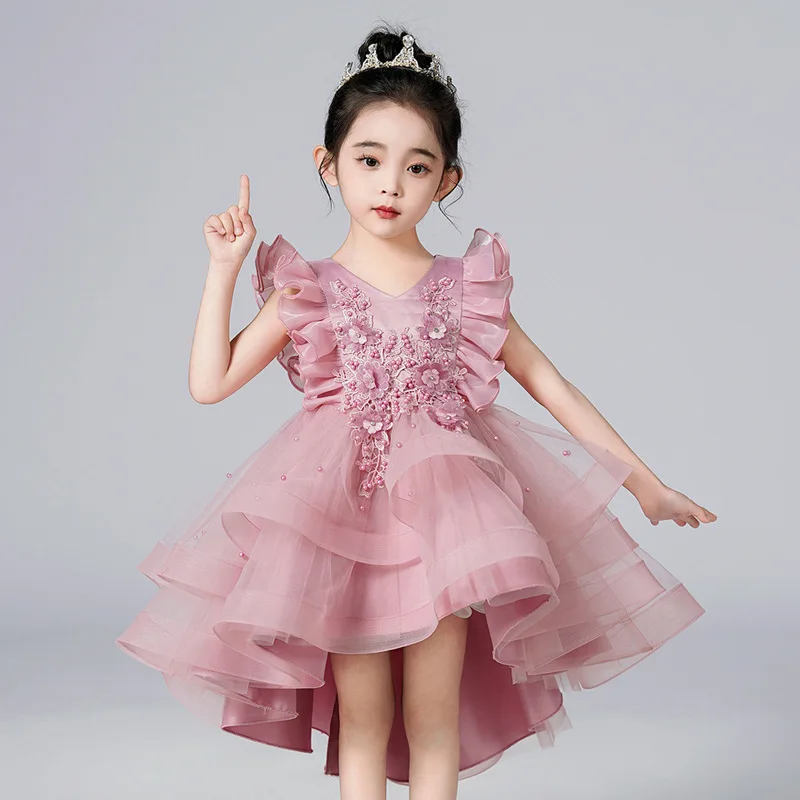 

New Girls' Dress Summer Small Flying Sleeves Dress Trailing Mesh Ponchy Dress Princess Dress Sweet Bean Sand Long Evening Dress