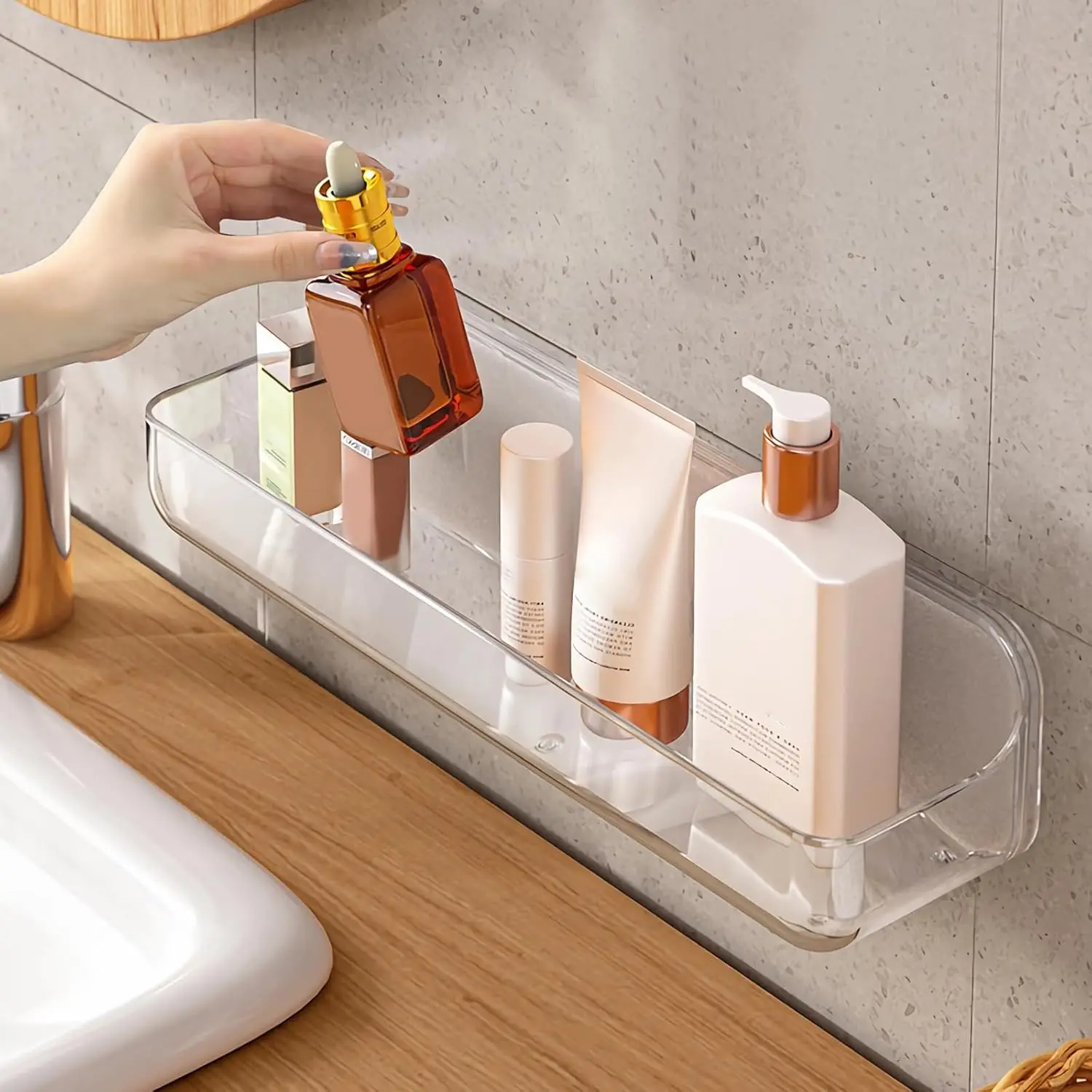 

Large Clear Acrylic Wall Mounted Shower Caddy, No Drilling Adhesive Shelf for Bathroom & Kitchen Storage