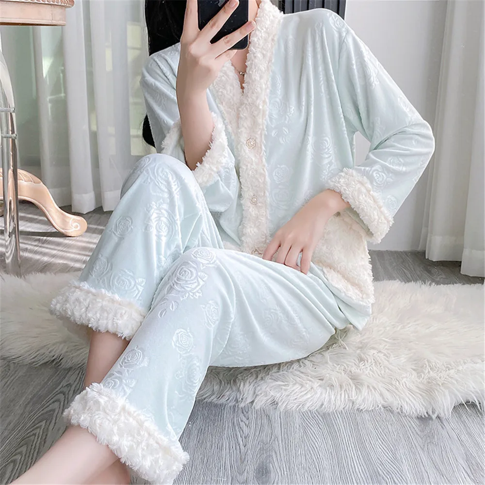 الجاكار جزيرة المخملية 2 قطعة منامة مجموعة الخريف الشتاء المرأة ملابس خاصة أنيقة القطيفة ملابس المنزل المتسكعون