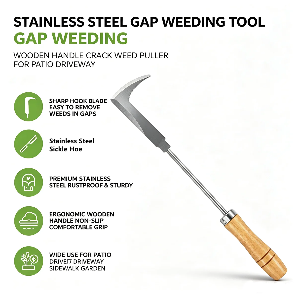 Stainless Steel Crevice Weeder Patio Weeding Tool L-Shaped Blade Grass Weeder with Wooden Handle for Garden Driveway Paving