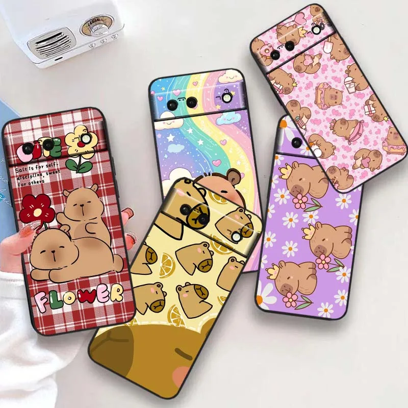 

Cute Capibala pattern For Google Pixel 9a 9 8A 8 7 7A 6 6A Pro XL 2024 5G Black Soft TPU Silicone Cover Phone Case